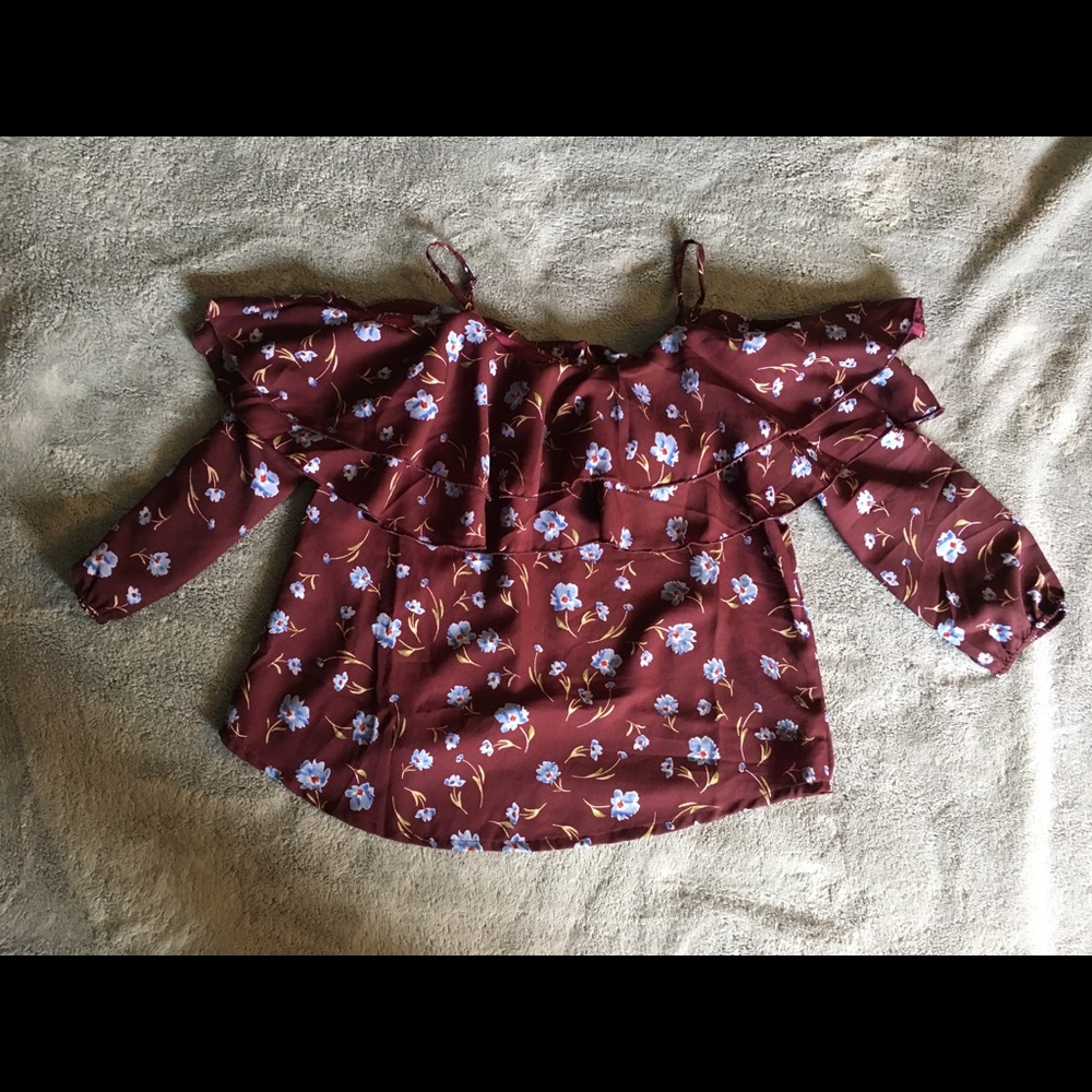 Burgundy Wine Floral Cold Shoulder Blouse 🍷
